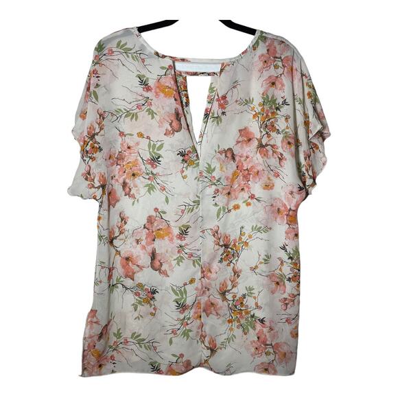 Kay Celine Floral Blouse Top Cut out Sheer Short Sleeve Medium V-Neck - Picture 1 of 4